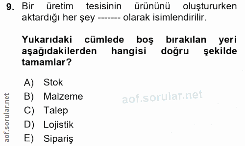 9. soru: Bir üretim tesisinin ürününü oluştururken aktardığı her şey --- olarak isimlendirilir. Yukarıdaki cümlede boş bırakıl…