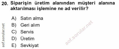 20. soru: Siparişin üretim alanından müşteri alanına aktarılması işlemine ne ad verilir? A) Satın alma B) Geri alım C) Servis D…