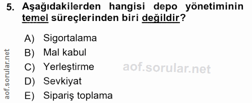 5. soru: Aşağıdakilerden hangisi depo yönetiminin temel süreçlerinden biri değildir? A) Sigortalama orular.net B) Mal kabul C)…