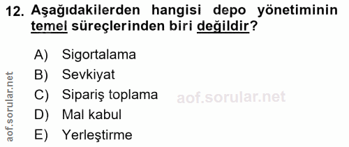 12. soru: Aşağıdakilerden hangisi depo yönetiminin temel süreçlerinden biri değildir? A) Sigortalama B) Sevkiyat C) Sipariş top…