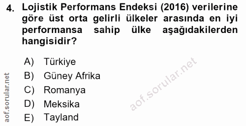 4. soru: Lojistik Performans Endeksi (2016) verilerine göre üst orta gelirli ülkeler arasında en iyi performansa sahip ülke aş…