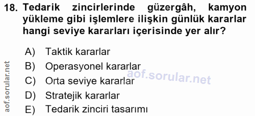18. soru: Tedarik zincirlerinde güzergâh, kamyon yükleme gibi işlemlere ilişkin günlük kararlar hangi seviye kararları içerisin…