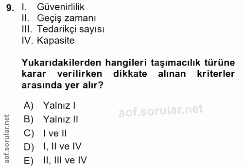 9. soru: 1. Güvenirlilik Il. Geçiş zamanı IIl. Tedarikçi sayısı IV. Kapasite Yukarıdakilerden hangileri taşımacılık türüne kar…