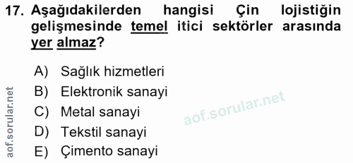 17. soru: Aşağıdakilerden hangisi Çin lojistiğin gelişmesinde temel itici sektörler arasında yer almaz? A) Sağlık hizmetleri B)…