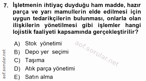 7. soru: İşletmenin ihtiyaç duyduğu ham madde, hazır parça ve yarı mamullerin elde edilmesi için uygun tedarikçilerin bulunmas…