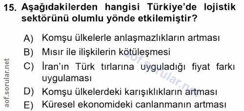 15. soru: Aşağıdakilerden hangisi Türkiye'de lojistik sektörünü olumlu yönde etkilemiştir? A) Komşu ülkelerle anlaşmazlıkların…
