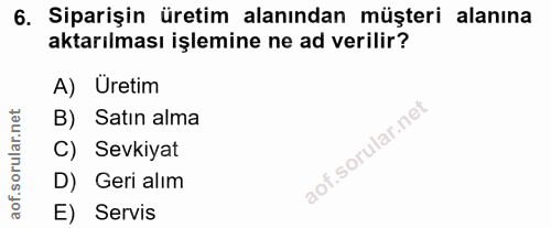 6. soru: Siparişin üretim alanından müşteri alanına aktarılması işlemine ne ad verilir? A) Üretim B) Satın alma C) Sevkiyat D)…