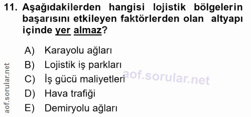 11. soru: Aşağıdakilerden hangisi lojistik bölgelerin başarısını etkileyen faktörlerden olan altyapı içinde yer almaz? A) Karay…
