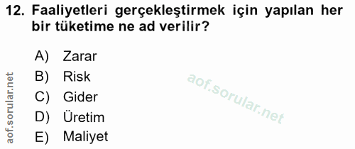 12. soru: Faaliyetleri gerçekleştirmek için yapılan her bir tüketime ne ad verilir? A) Zarar B) Risk C) Gider D) Uretim E) Maliyet