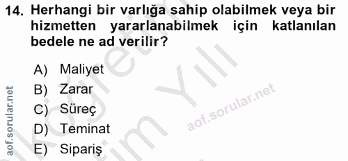 14. soru: Herhangi bir varlığa sahip olabilmek veya bir hizmetten yararlanabilmek için katlanılan bedele ne ad verilir? A) Mali…
