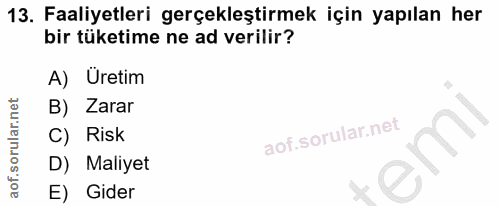 13. soru: Faaliyetleri gerçekleştirmek için yapılan her bir tüketime ne ad verilir? A) Uretim B) Zarar C) Risk D) Maliyet E) Gider