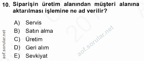 10. soru: Siparişin üretim alanından müşteri alanına aktarılması işlemine ne ad verilir? A) Servis B) Satın alma Üretim D) Geri…