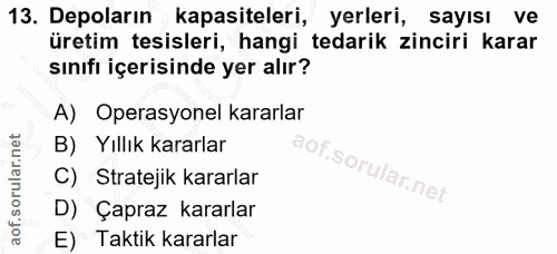 13. soru: Depoların kapasiteleri, yerleri, sayisı ve üretim tesisleri, hangi tedarik zinciri karar sınıfı içerisinde yer alır?…