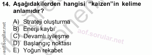 14. soru: Aşağıdakilerden hangisi "kaizen"in kelime anlamıdır? A) Strateji oluşturma B) Enerji kaybı C) Devamlı iyileşme D) Baş…