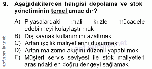 9. soru: Aşağıdakilerden hangisi depolama ve stok yönetiminin temel amacıdır? A) Piyasalardaki mali krizle mucadele edebilmeyi…