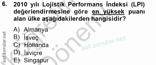 6. soru: 2010 yılı Lojistik Performans Indeksi (LPI) değerlendirmesine göre en yüksek puanı alan ülke aşağıdakilerden hangisid…