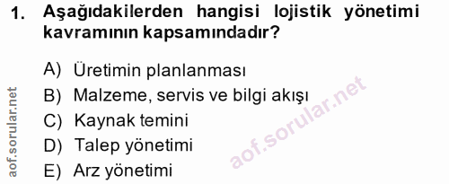 1. soru: Aşağıdakilerden hangisi lojistik yönetimi kavramının kapsamındadır? A) Üretimin planlanması B) Malzeme, servis ve bil…
