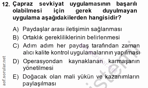 12. soru: Çapraz sevkiyat uygulamasının başarılı olabilmesi için gerek duyulmayan uygulama aşağıdakilerden hangisidir? A) Payda…
