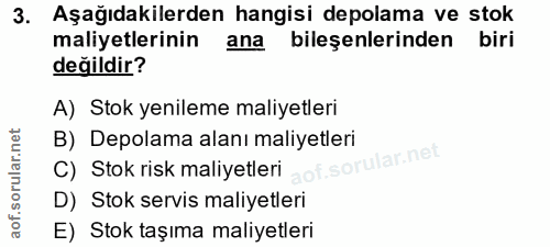 3. soru: Aşağıdakilerden hangisi depolama ve stok maliyetlerinin ana bileşenlerinden biri değildir? A) Stok yenileme maliyetle…