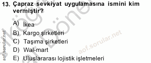 13. soru: Çapraz sevkiyat uygulamasına ismini kim vermiştir? A) Ikea B) Kargo şirketleri C) Taşıma şirketleri D) Wal-mart E) Ul…