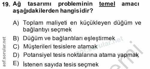19. soru: Ağ tasarımı probleminin temel amacı aşağıdakilerden hangisidir? A) Toplam maliyeti en küçükleyen düğüm ve bağlantıyı…