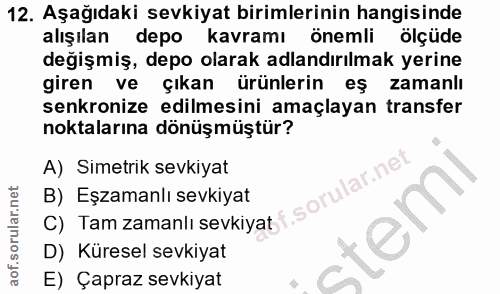 12. soru: Aşağıdaki sevkiyat birimlerinin hangisinde alışılan depo kavramı önemli ölçüde degişmiş, depo olarak adlandırılmak ye…