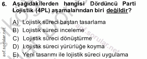 6. soru: Aşağıdakilerden hangisi Dördüncü Parti Lojistik (4PL) aşamalarından biri değildir? A) Lojistik süreci baştan tasarlam…