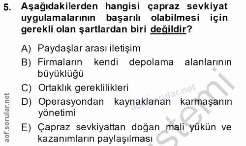 5. soru: Aşağıdakilerden hangisi çapraz sevkiyat uygulamalarının başarılı olabilmesi için gerekli olan şartlardan biri değildi…