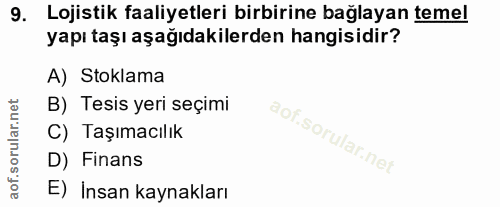 9. soru: Lojistik faaliyetleri birbirine bağlayan temel yapı taşı aşağıdakilerden hangisidir? A) Stoklama B) Tesis yeri seçimi…