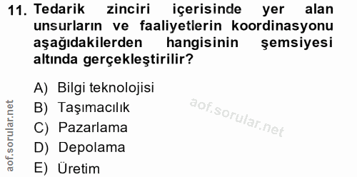 11. soru: Tedarik zinciri içerisindeyer alan unsurların ve faaliyetlerin koordinasyonu aşağıdakilerden hangisinin şemsiyesi alt…