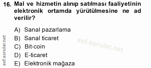 16. soru: Mal ve hizmetin alınıp satılması faaliyetinin elektronik ortamda yürütülmesine ne ad verilir? A) Sanal pazarlama B) S…
