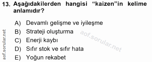 13. soru: Aşağıdakilerden hangisi "kaizen"in kelime anlamıdır? A) Devamlı gelişme ve iyileşme B) Strateji oluşturma C) Enerji k…