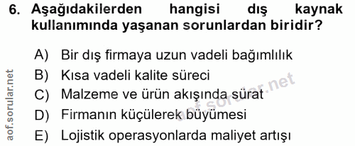 6. soru: Aşağıdakilerden hangisi diş kaynak kullanımında yaşanan sorunlardan biridir? A) Bir dış firmaya uzun vadeli bağımlılı…