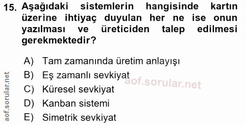 15. soru: Aşağıdaki sistemlerin hangisinde kartın üzerine ihtiyaç duyulan her ne ise onun yazılması ve üreticiden talep edilmes…