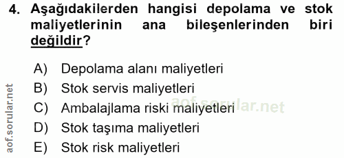 4. soru: Aşağıdakilerden hangisi depolama ve stok maliyetlerinin ana bileşenlerinden biri değildir? A) Depolama alanı maliyetl…