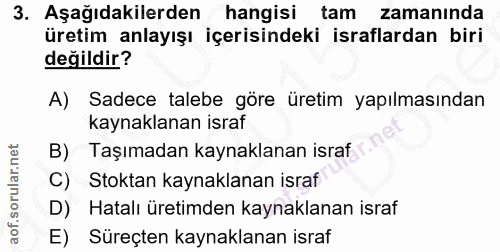 3. soru: Aşağıdakilerden hangisi tam zamaninda üretim anlayışı içerisindeki israflardan biri değildir? A) Sadece talebe göre ü…