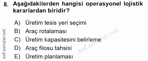 8. soru: Aşağıdakilerden hangisi operasyonel lojistik kararlardan biridir? A) Uretim tesis yeri seçimi C) Üretim kapasitesini…