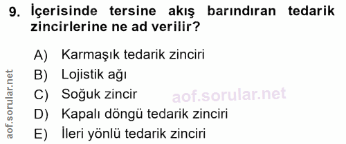 9. soru: İçerisinde tersine akış barındıran tedarik zincirlerine ne ad verilir? A) Karmaşık tedarik zinciri B) Lojistik ağı C)…