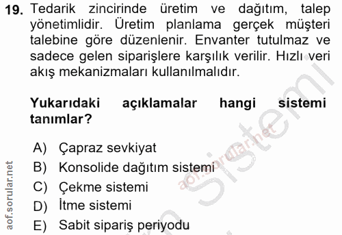 19. soru: Tedarik zincirinde üretim ve dağıtım, talep yönetimlidir. Uretim planlama gerçek müşteri talebine göre düzenlenir. En…