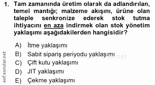 1. soru: Tam zamanında üretim olarak da adlandırılan, temel mantığı; malzeme akışını, ürüne olan taleple senkronize ederek sto…
