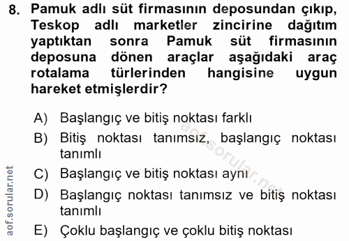 8. soru: Pamuk adlı süt firmasının deposundan çıkıp, Teskop adlı marketler zincirine dağıtım yaptıktan sonra Pamuk süt firması…