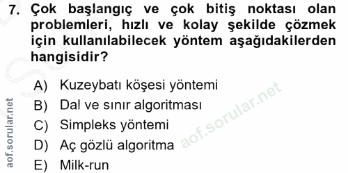7. soru: Çok başlangıç ve çok bitiş noktası olan problemleri, hızlı ve kolay şekilde çözmek için kullanılabilecek yöntem aşağı…