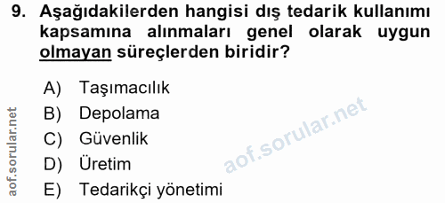 9. soru: Aşağıdakilerden hangisi dış tedarik kullanımı kapsamına alınmaları genel olarak uygun olmayan süreçlerden biridir? A)…