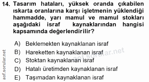 14. soru: Tasarım hataları, yüksek oranda çıkabilen ıskarta oranlarına karşı işletmenin yüklendiği hammadde, yarı mamul ve mamu…
