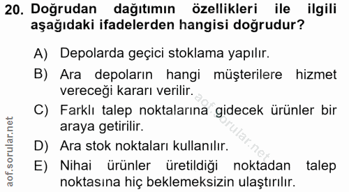 20. soru: Doğrudan dağıtımın özellikleri ile ilgili aşağıdaki ifadelerden hangisi doğrudur? A) Depolarda geçici stoklama yapılı…