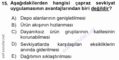 15. soru: Aşağıdakilerden hangisi çapraz sevkiyat uygulamasının avantajlarından biri değildir? A) Depo alanlarının genişletilme…