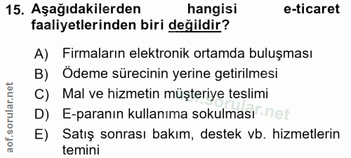15. soru: Aşağıdakilerden hangisi e-ticaret faaliyetlerinden biri değildir? A) Firmaların elektronik ortamda buluşması B) Ödeme…