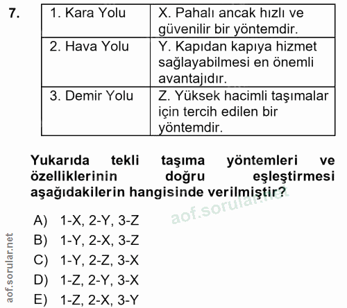 7. soru: Kara Yolu X. Pahalı ancak hızlı ve güvenilir bir yöntemdir. 2. Hava Yolu Y. Kapıdan kapıya hizmet saglayabilmesi en ö…