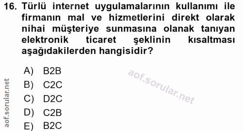 16. soru: Türlü internet uygulamalarının kullanımı ile firmanın mal ve hizmetlerini direkt olarak nihai müşteriye sunmasına ola…