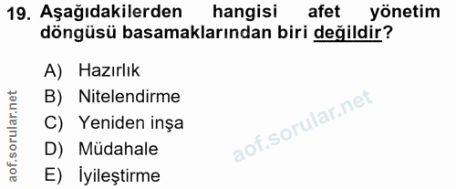 19. soru: Aşağıdakilerden hangisi afet yönetim döngüsü basamaklarından biri değildir? A) Hazırlık B) Nitelendirme C) Yeniden in…